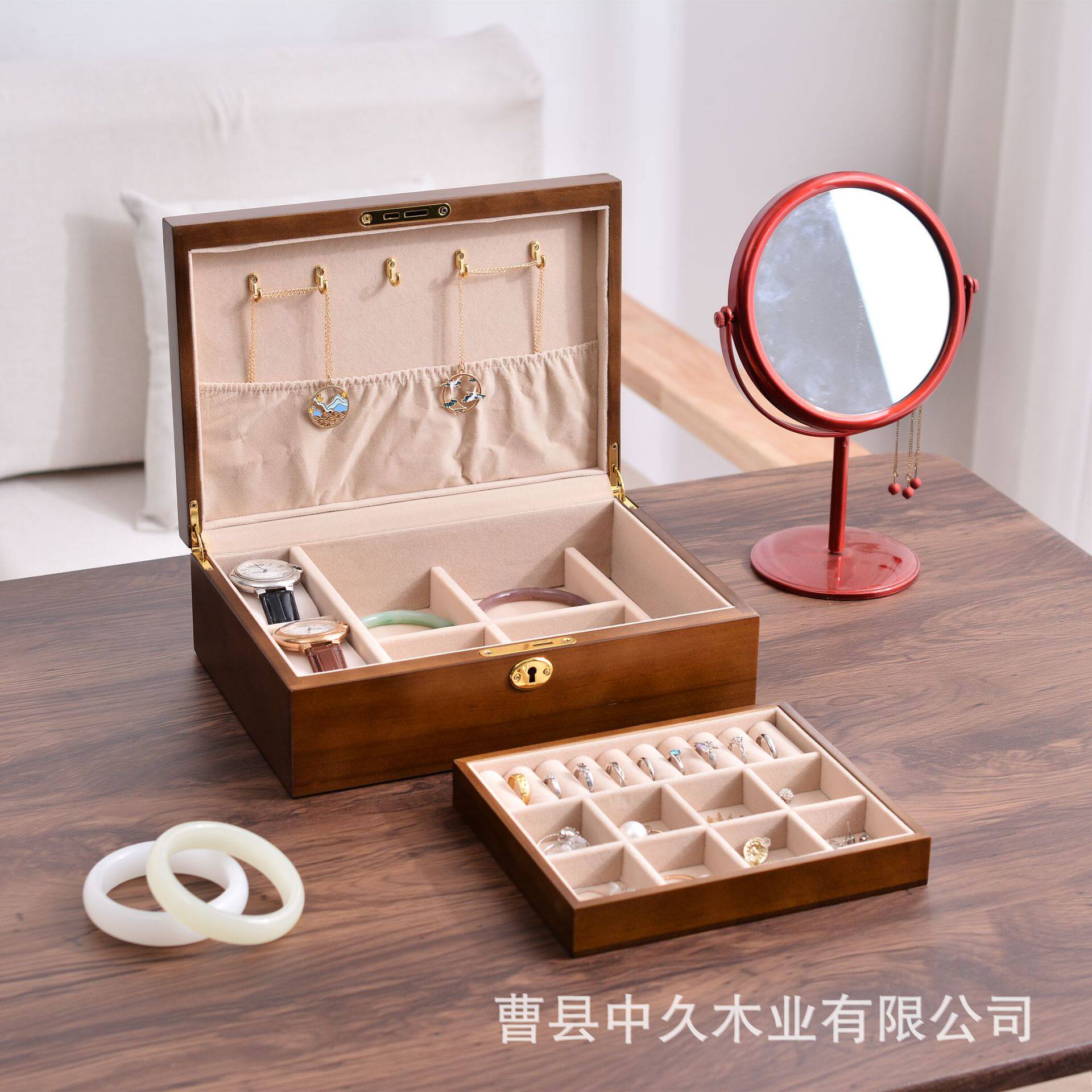 木质复古带锁珠宝首饰收纳盒翻盖式实木首饰盒珠宝首饰分格储物盒