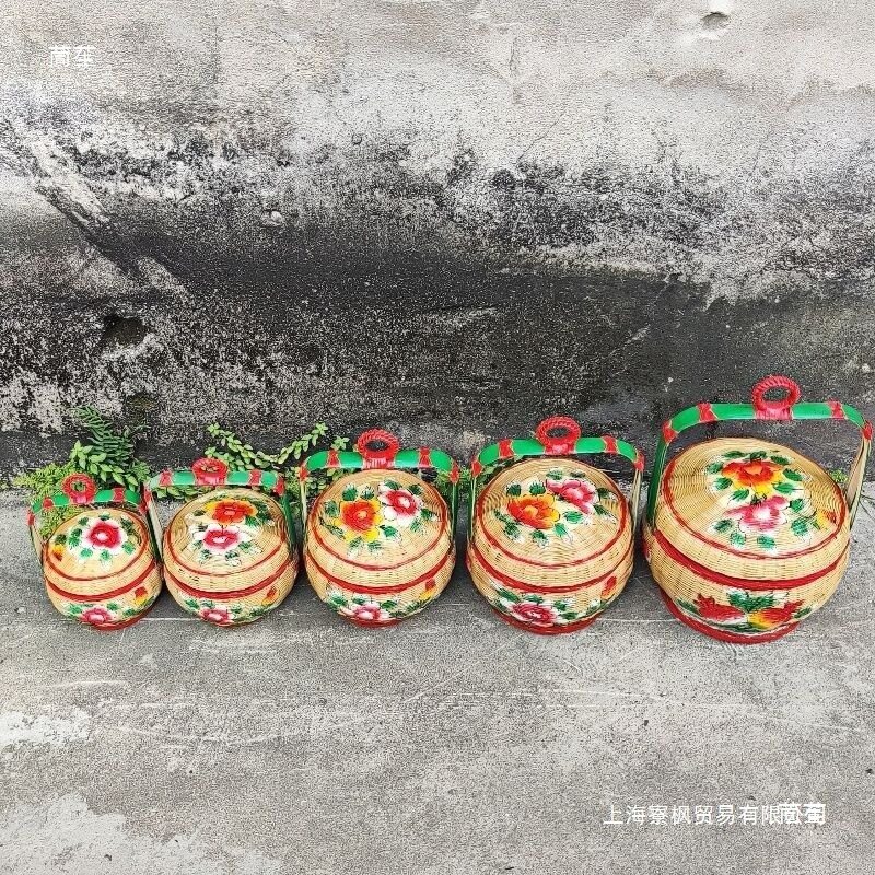 潮汕彩绘竹篮手工婚嫁花篮竹编篮子收纳蓝储物篮传统竹艺摆件花篮