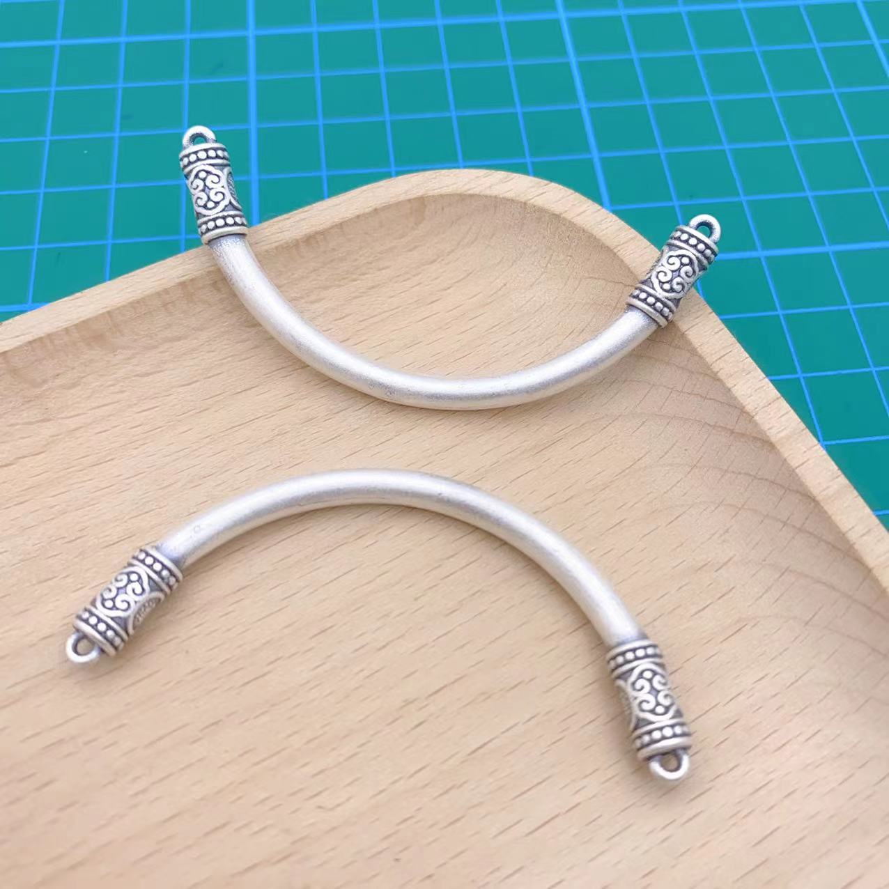通体足银999如意纹边光面弯管连接件 复古银DIY手工编织饰品配件