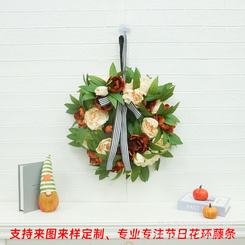 跨境2025年新款秋季丰收装饰用品蝴蝶结藤圈橱窗装饰玫瑰花环门挂