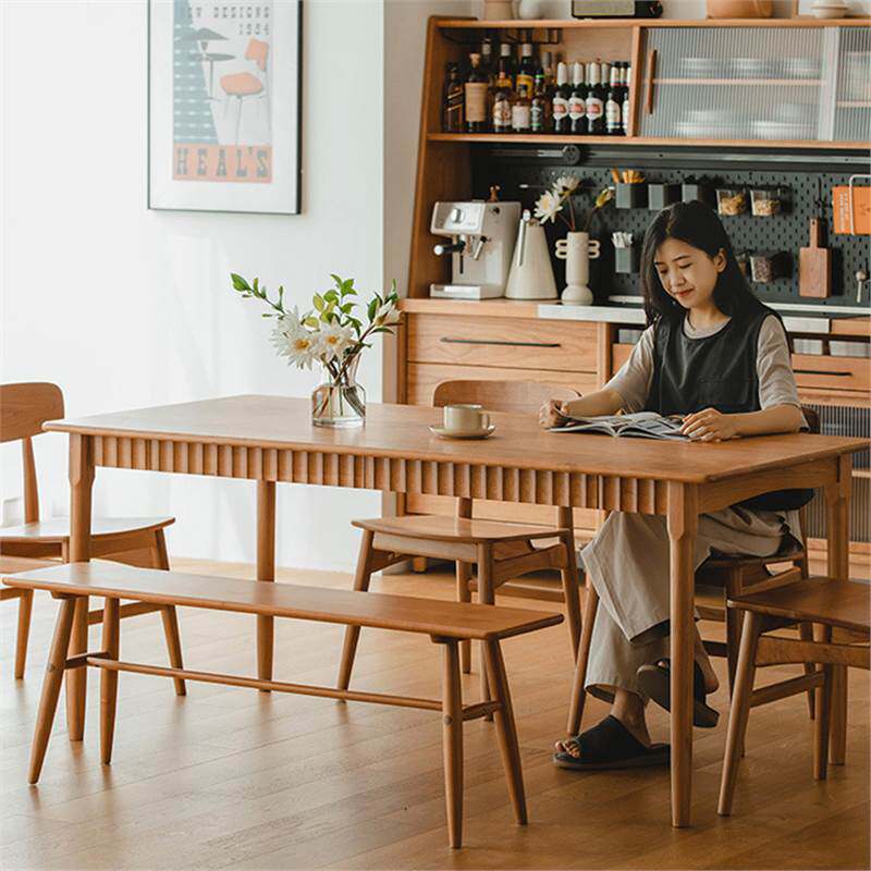 北欧实木餐桌 家用客厅带抽屉樱桃木大板桌 日式餐厅餐桌椅组合