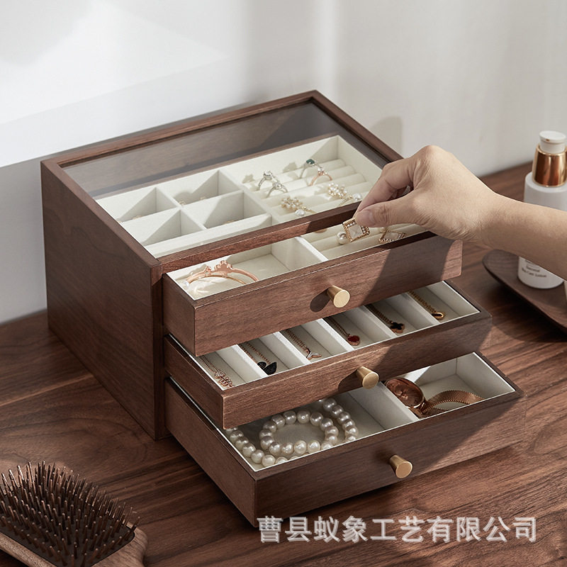 复古多层首饰盒木质桌面收纳盒珠宝中式抽屉饰品盒黑胡桃雕刻