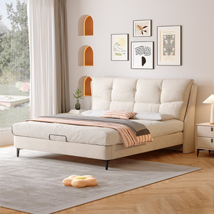 奶油风云朵绒布艺床现代简约主卧大床双人齐边储物床