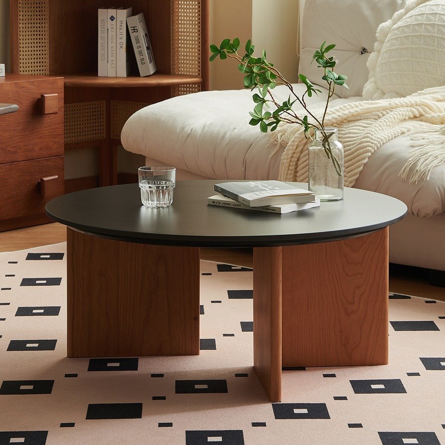 严选复古岩板茶几简约现代创意设计师矮桌小户型实木客厅家用圆形