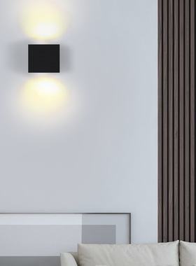 极简酒店别墅风格正方形砂灰色小尺寸上下双面发光户外装饰壁灯