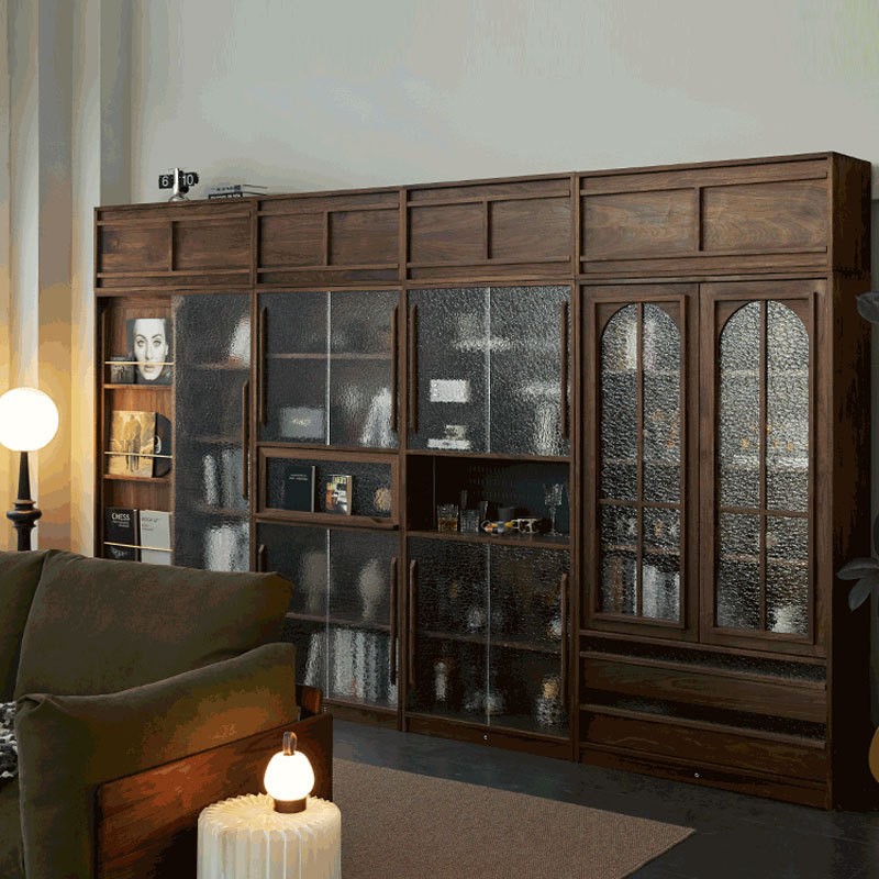 北美黑胡桃木整墙卡座书柜一体到顶樱桃木书架自由组合客厅储物柜