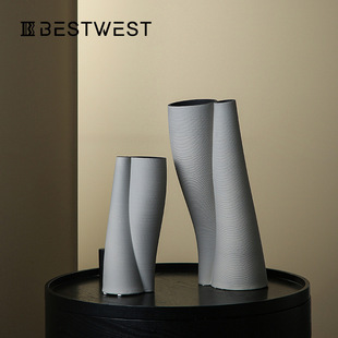 博西家居 饰品花器 3D打印不规则水泥灰扭曲陶瓷花瓶摆件设计师装