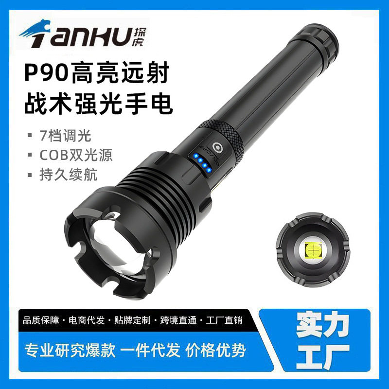 跨境铝合金手电筒P90强光远射充电手持伸缩变焦户外多功能手电筒