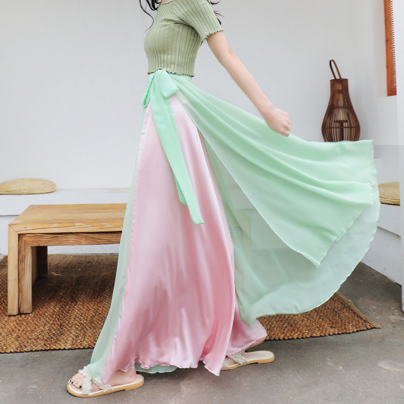绑带飘逸修身双色缎面雪纺宫廷一片式大摆现代舞蹈围裙半身长裙女