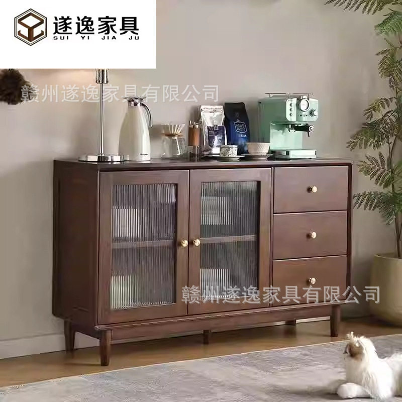 北欧实木餐边柜靠墙一体现代简约茶水柜餐厅移门抽屉收纳储物柜子