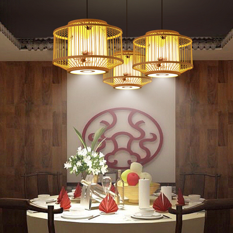 中式餐厅饭店竹编吊灯酒店包间包房包厢火锅店创意带射灯日式灯具
