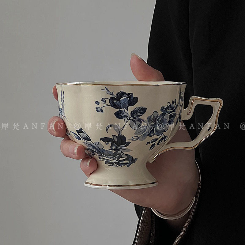 复古蓝玫瑰花卉杯碟中古法式下午茶陶瓷杯时尚高级咖啡杯碟手工