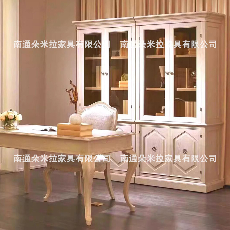 北美之家女王系列实木书柜美式复古白做旧玻璃门双门书橱满墙书柜
