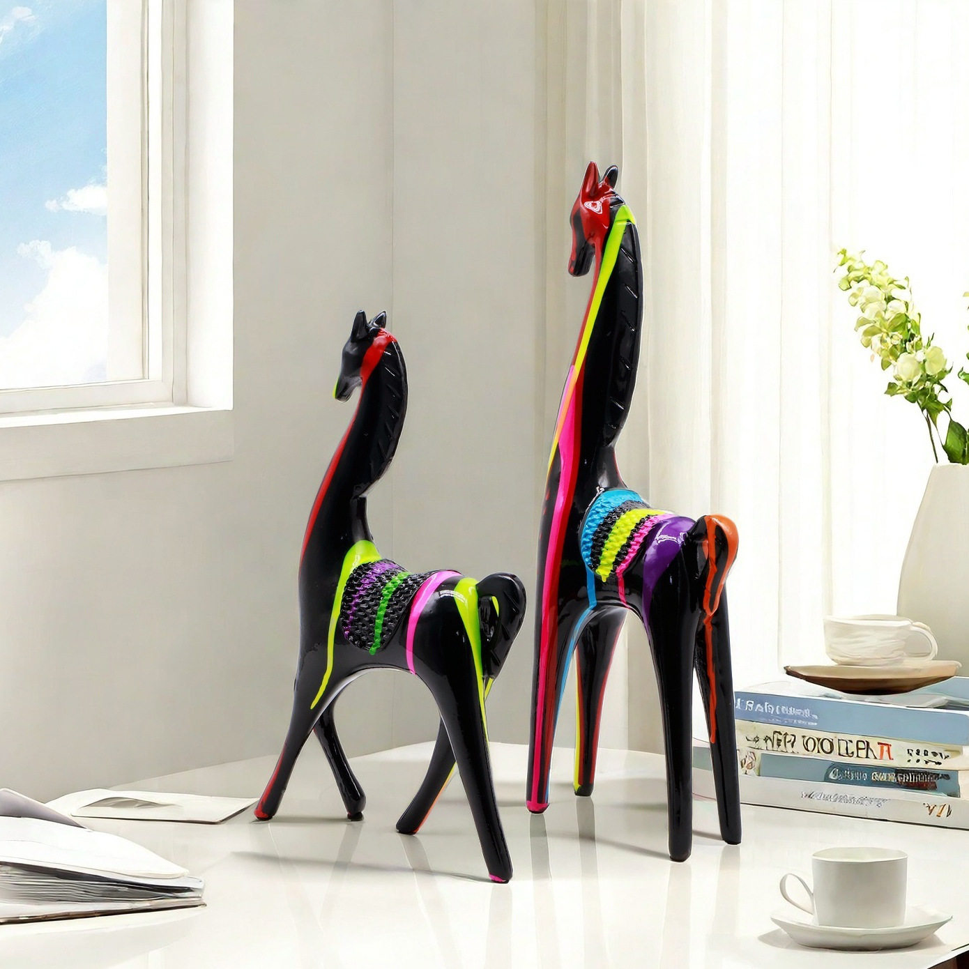 跨境热卖泼漆创意长颈马摆件客厅家居树脂工艺品办公桌装饰品批发