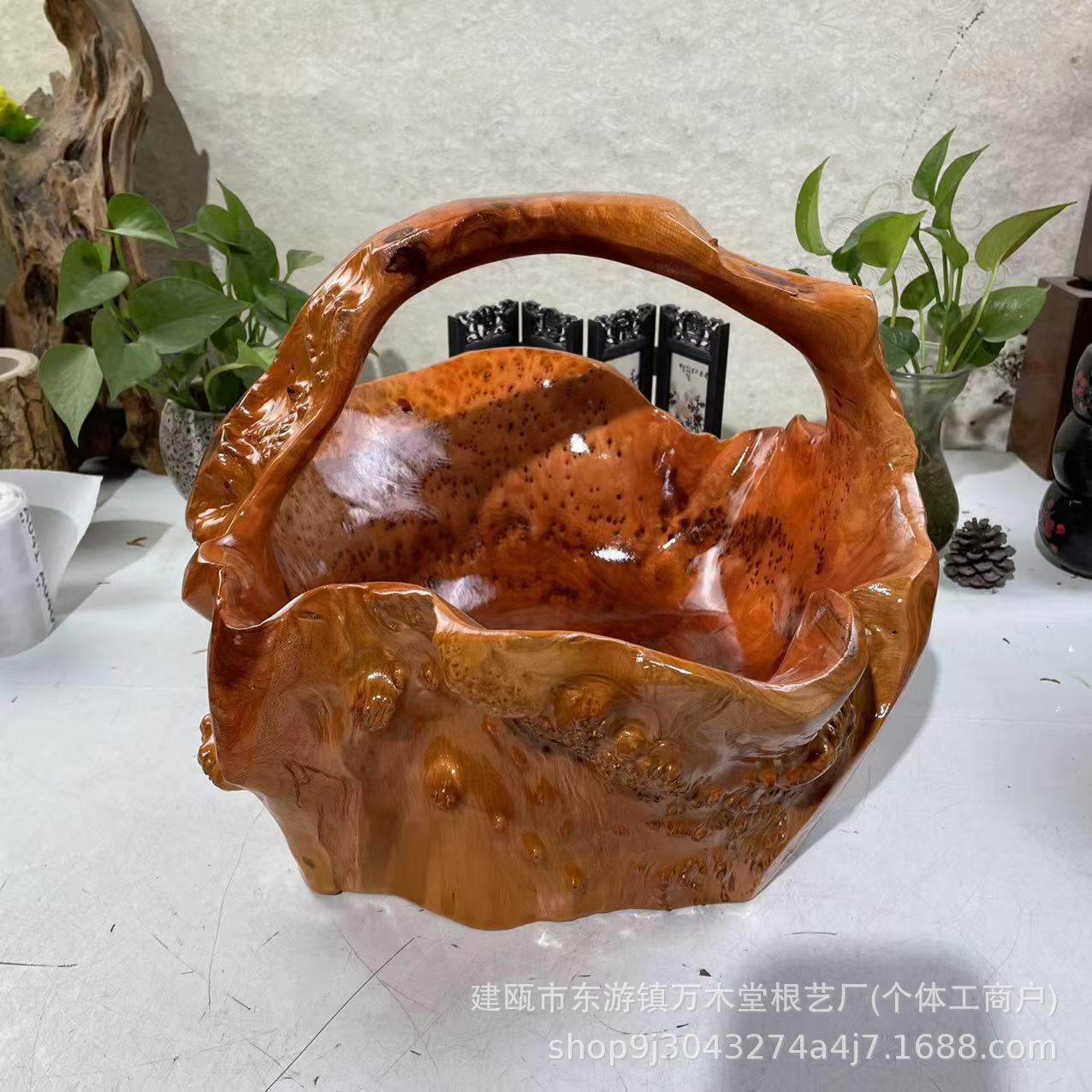 复古美观家用酒店商用手提水果篮不规则摆件工艺品榴花根雕国潮风