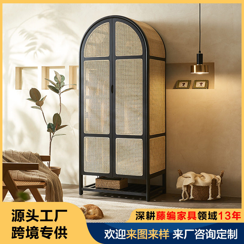 北欧复古实木藤编平开门衣柜