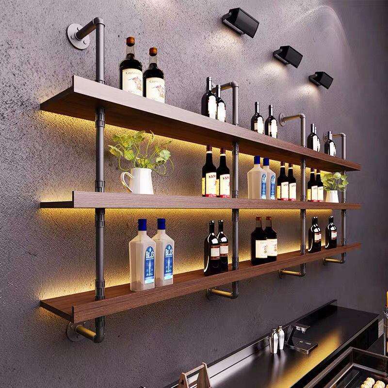 酒吧烧烤店吧台壁挂式靠墙铁艺多层实木置物架子墙上酒架餐厅KDZ