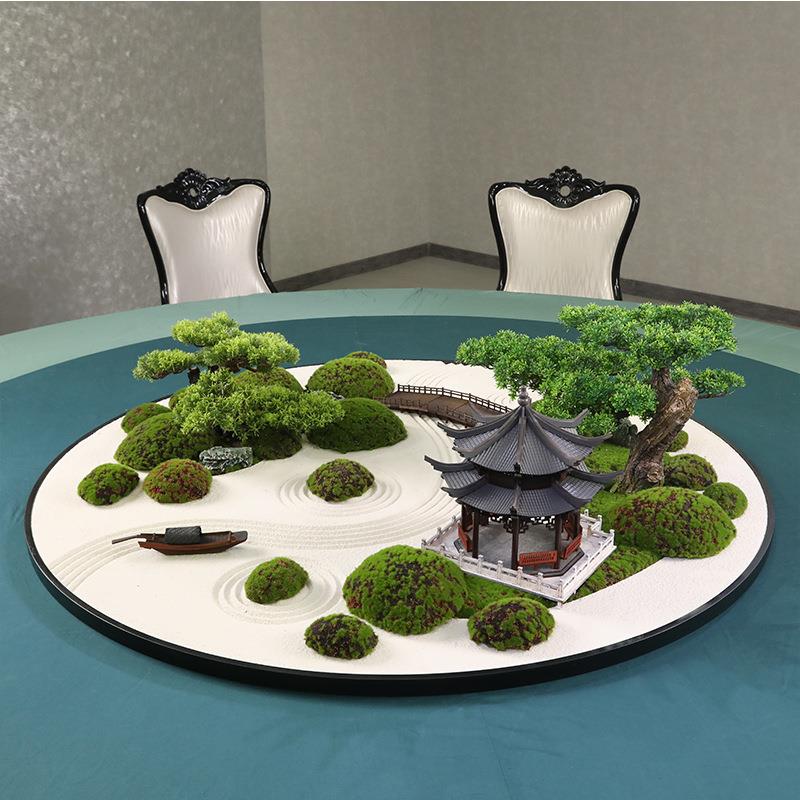 新中式大圆桌转盘摆花枯山水造景沙盘摆件餐桌装饰品微缩盆景桌花
