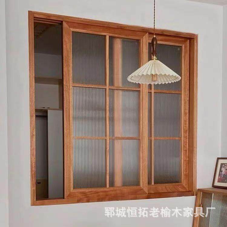 老榆木室内推拉窗窗户左右折叠木窗实木上推原木窗玻璃