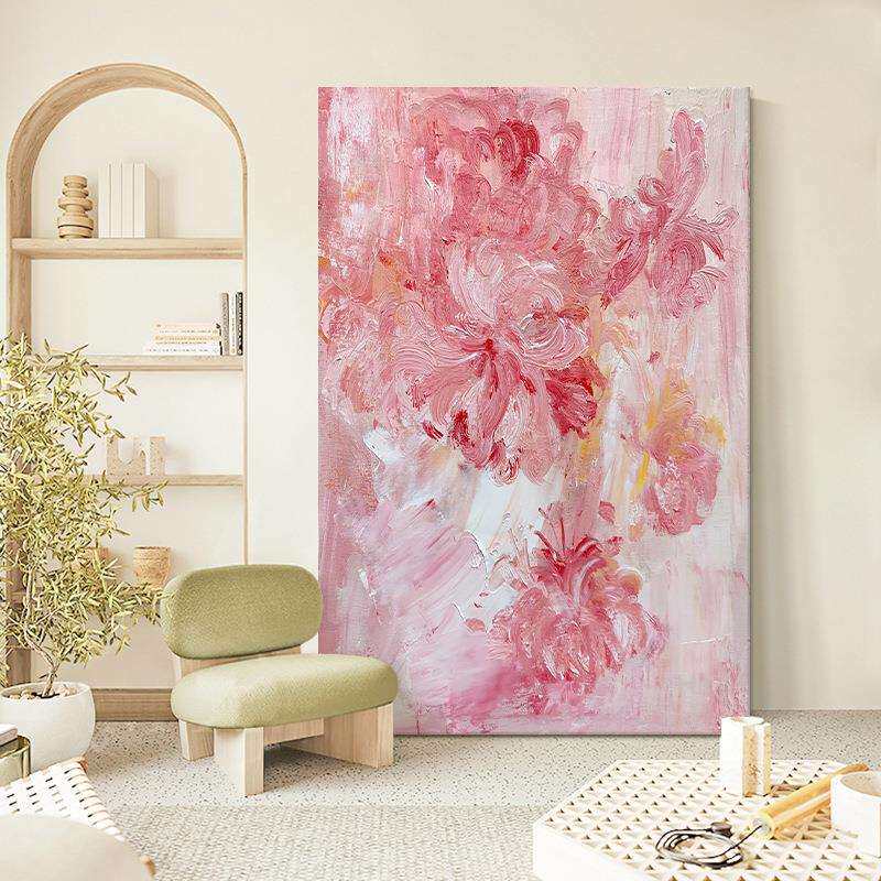 抽象牡丹花油画奶油风玄关装饰画客厅餐厅粉色花卉花开富贵挂画