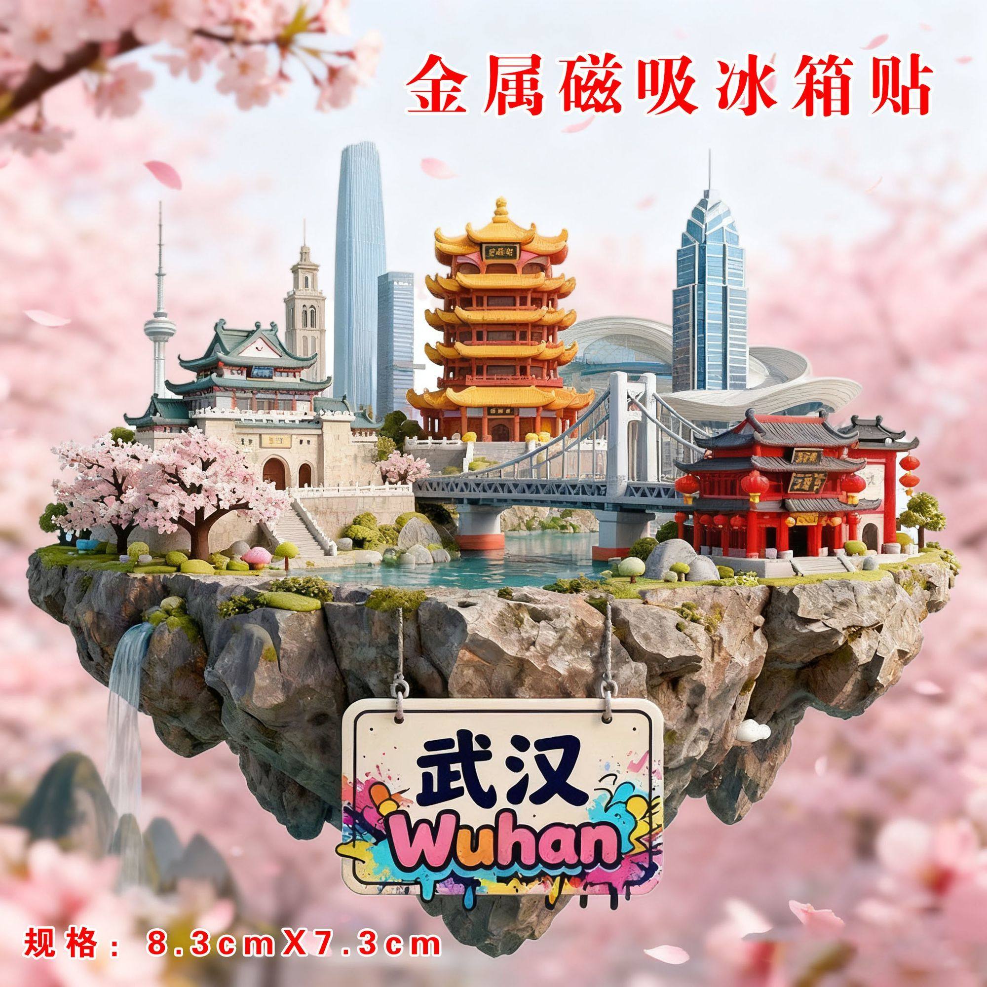 武汉樱花金属磁吸冰箱磁贴国潮文创湖北旅游景点收藏纪念品伴手礼