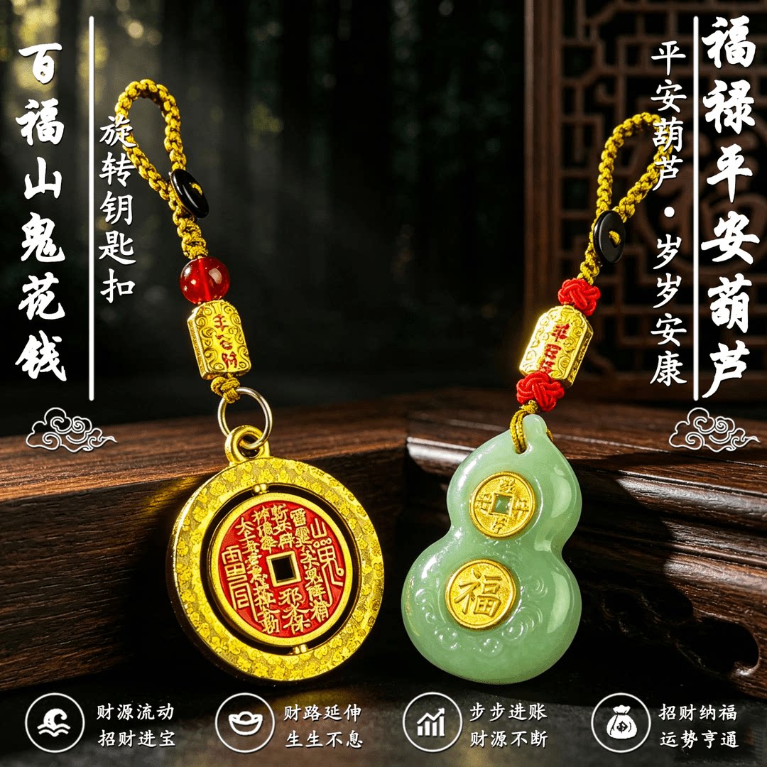 臻品手作.福禄聚宝纳吉百福山花钱守护随身汽车挂件