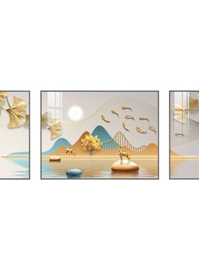 网红福鹿相随 客厅装饰画银杏叶背景墙山水画大气沙发金色挂画三