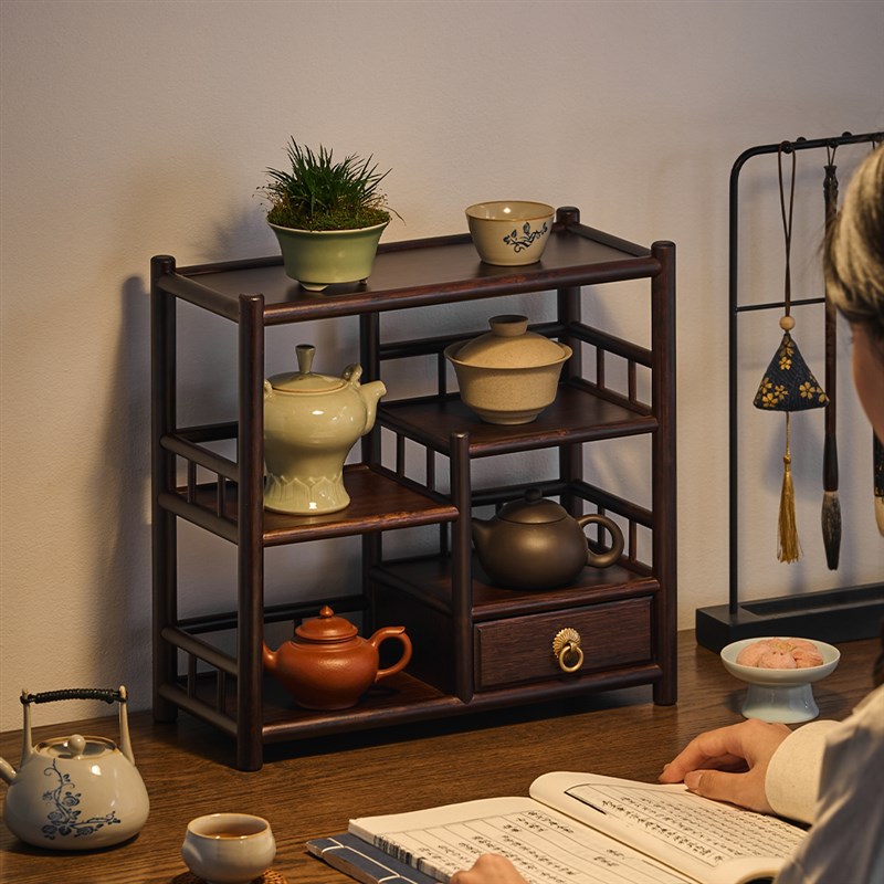 茶壶收纳置物架小型桌面博古架楠竹中式茶叶展示柜茶室茶桌茶货架