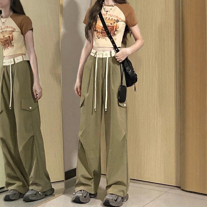 美式工装裤女春季新款胖妹妹mm梨形身材高腰宽松显瘦阔腿休闲裤子