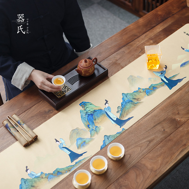 器氏 中式防水茶席茶桌垫布彩绘国风禅意茶台桌旗长条茶几桌布