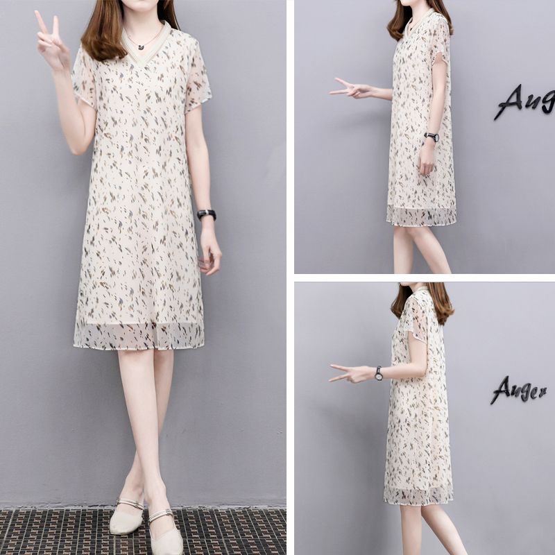 2021夏季新款V领大码时尚女装中长款宽松显瘦雪纺网纱连衣裙女潮