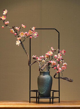 中式复古陶瓷花艺瓶粉腊梅树桌面电视柜玄关客厅装饰品