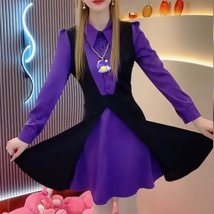 加绒加厚小个子收腰显瘦裙子女2025秋冬新款假两件打底内搭连衣裙