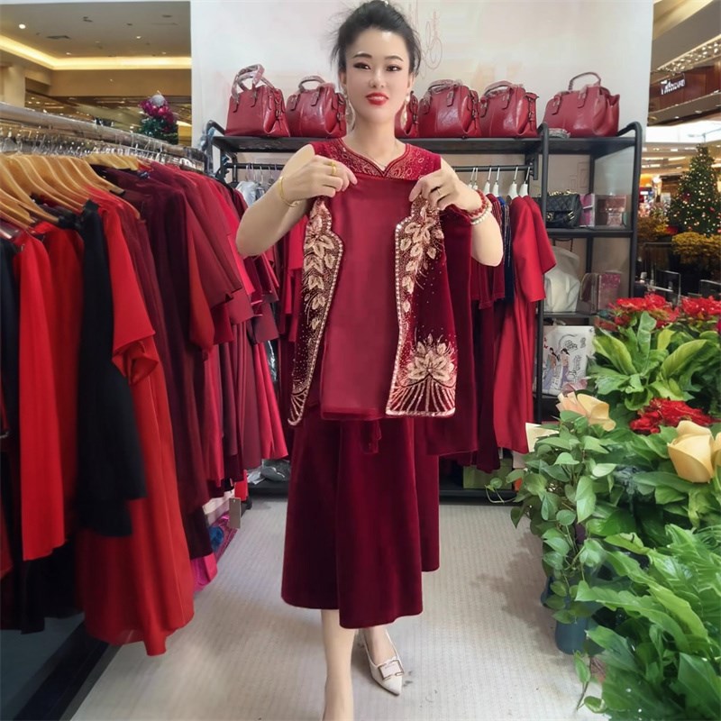 秋冬喜婆婆金丝绒婚宴两件套气质连衣裙长袖年轻妈妈结婚礼服套装