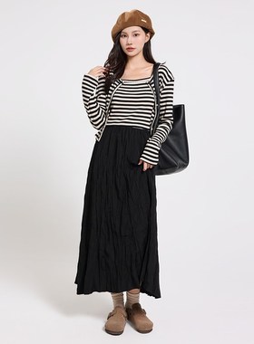 记忆的起点连衣裙套装2024秋季新条纹针织衫吊带拼接裙68TQ83120