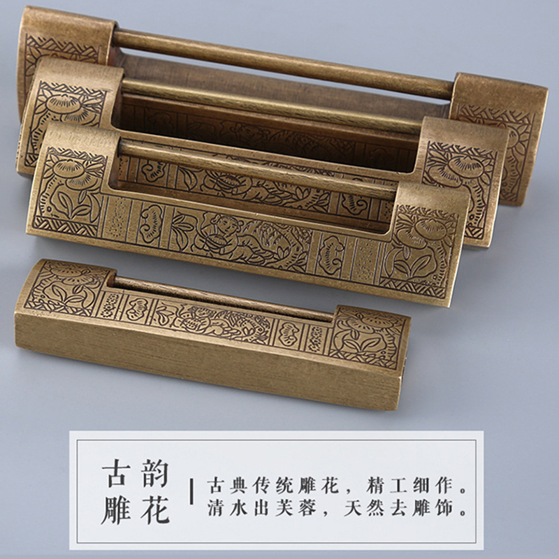 老式铜锁横开中式仿古小挂锁复古刻花古代横插销箱子柜门锁老物件