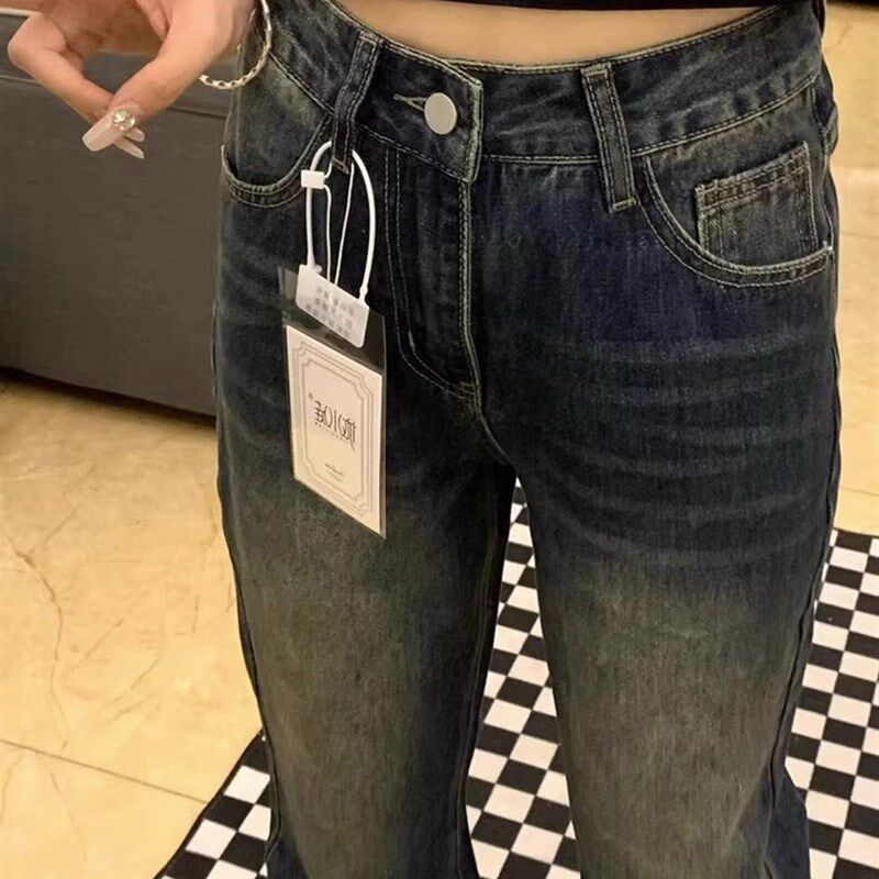 复古微喇叭牛仔裤女直筒春秋款大码胖mm高腰显瘦梨形身材阔腿裤子