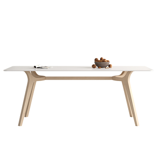 奶油风原木白蜡木岩板餐桌哑光纯白面网红小户型家用长方形餐桌椅