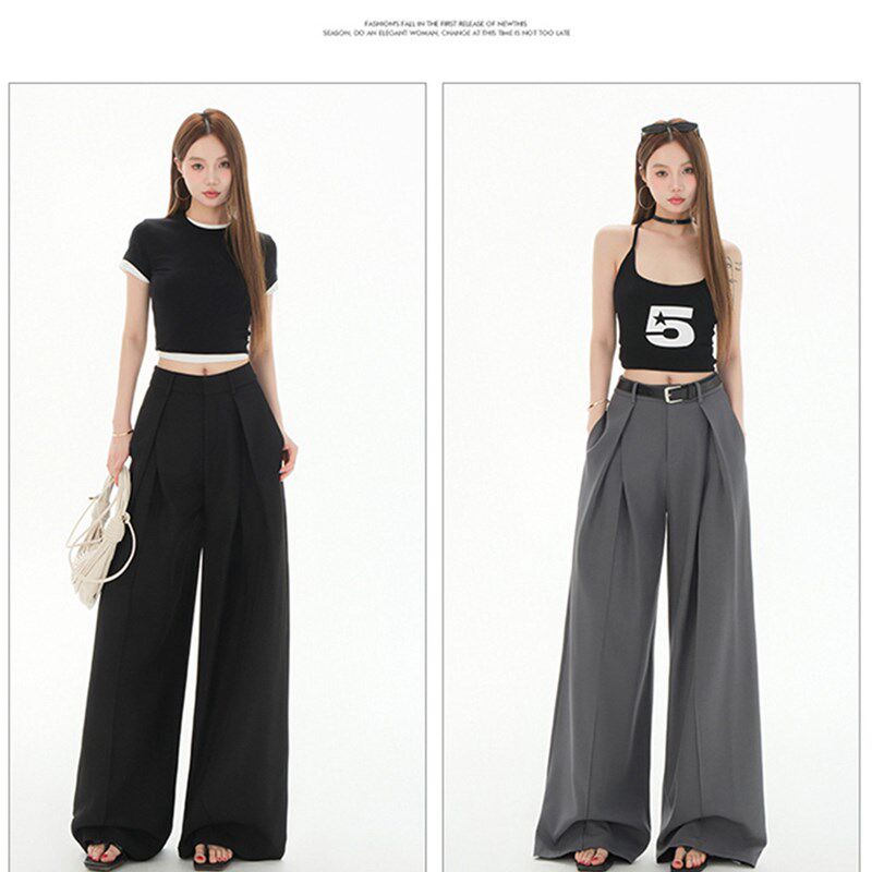 高级感黑色西装阔腿裤女春秋新款褶皱小个子高腰垂感显瘦直筒长裤