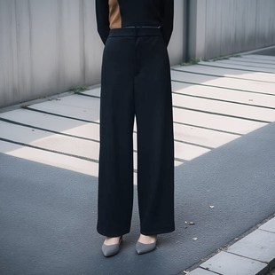 23qu黑色羊毛呢直筒长裤高腰松紧腰阔腿裤西装裤子女秋冬款高级感