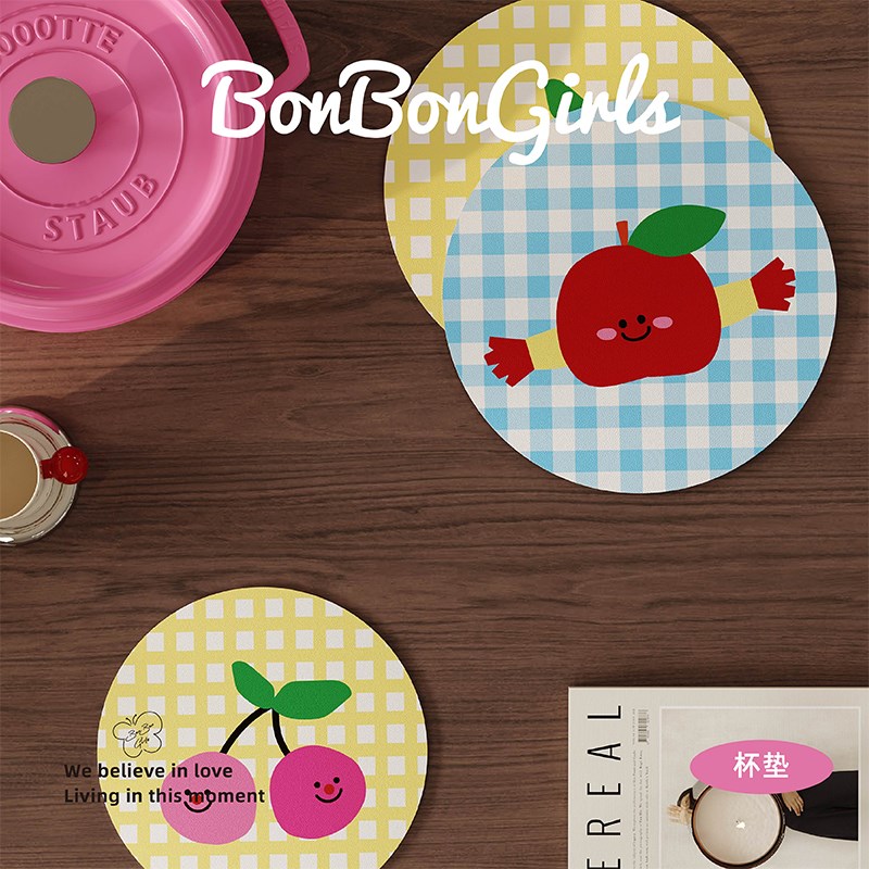 韩式格子樱桃皮革吸水杯垫隔热餐垫咖啡杯茶水碗盘垫桌面保护垫子