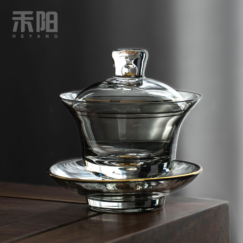 禾阳 高端玻璃盖碗大号功夫茶具单个耐热加厚三才泡茶碗茶具茶杯