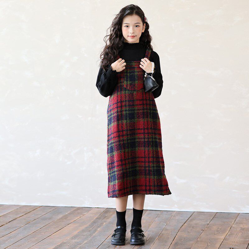 复古学院风红色格子秋冬连衣裙女童过膝长裙新年圣诞毛呢背带裙子