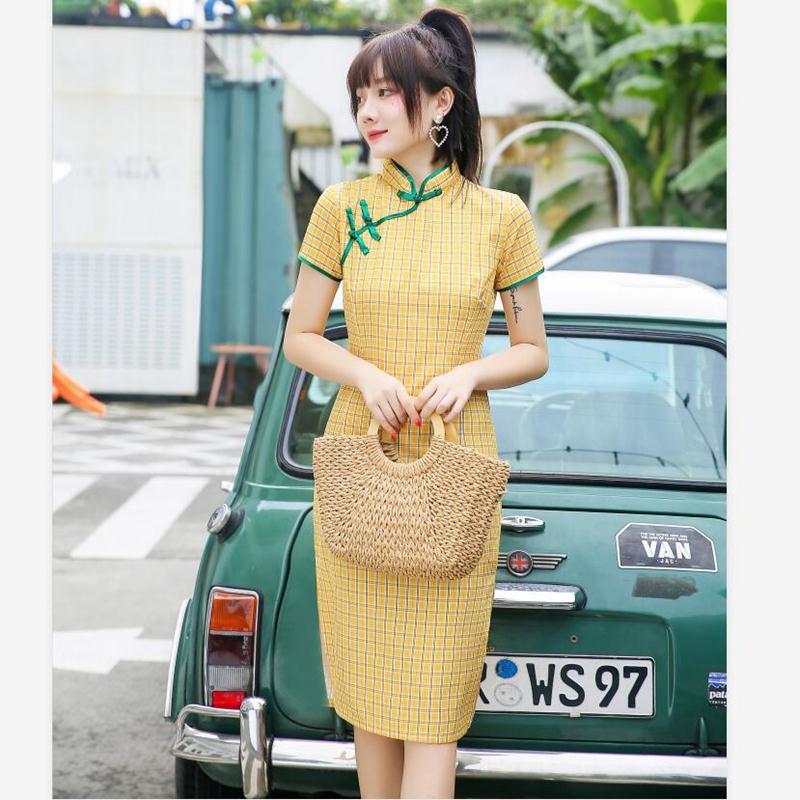 小个子旗袍年轻款女夏2021新款改良少女短款气质格子日常可穿夏季