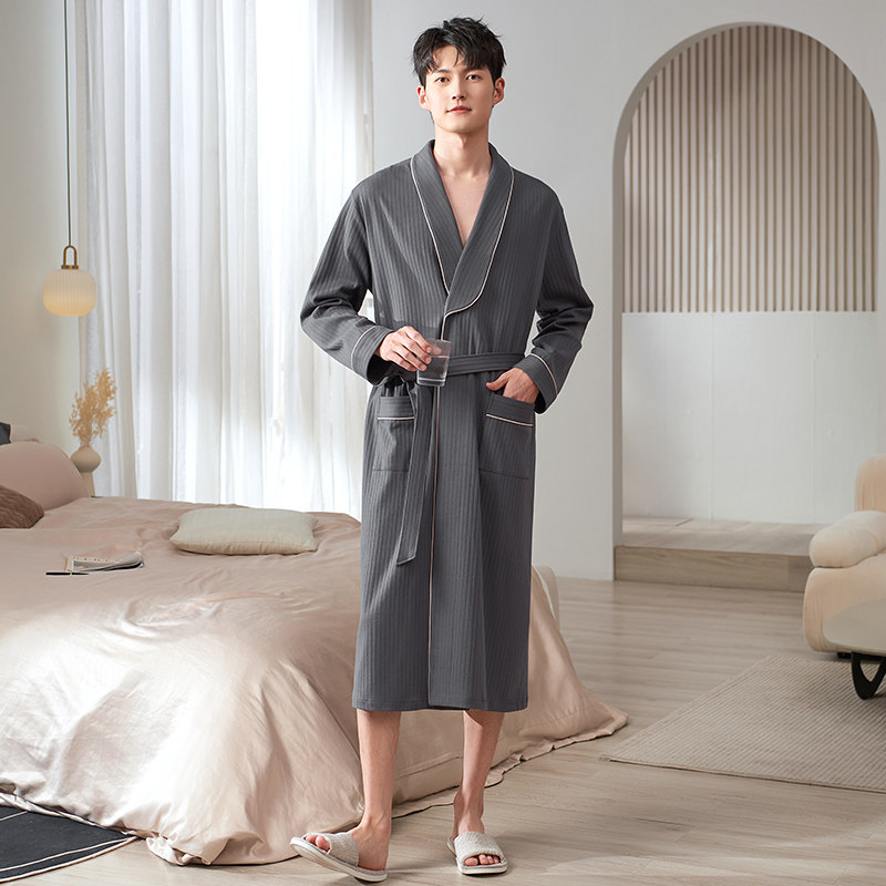 睡袍男士睡衣春秋款纯棉长袖浴袍男款秋季薄款加大码夏季长款浴衣