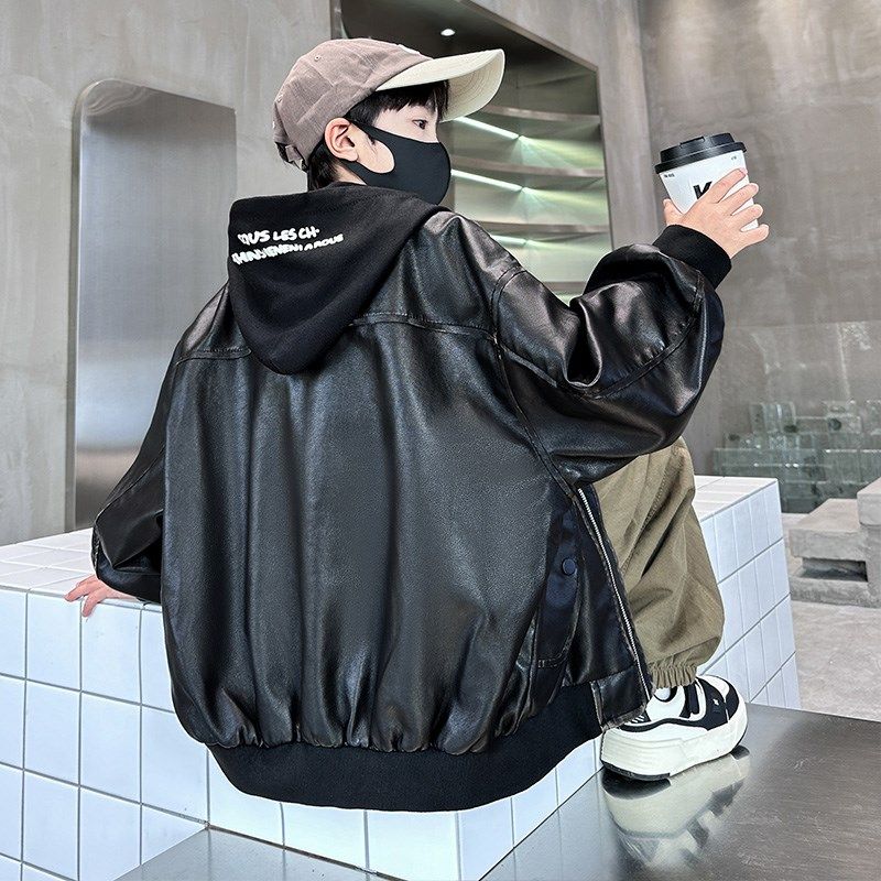 男童皮衣外套春秋款2024新款洋气中大童连帽时髦酷帅男孩夹克秋装