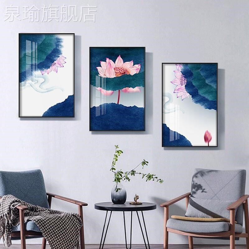 网红新中式沙客厅三联画背景墙装发室饰画餐厅挂画卧壁床头水墨荷