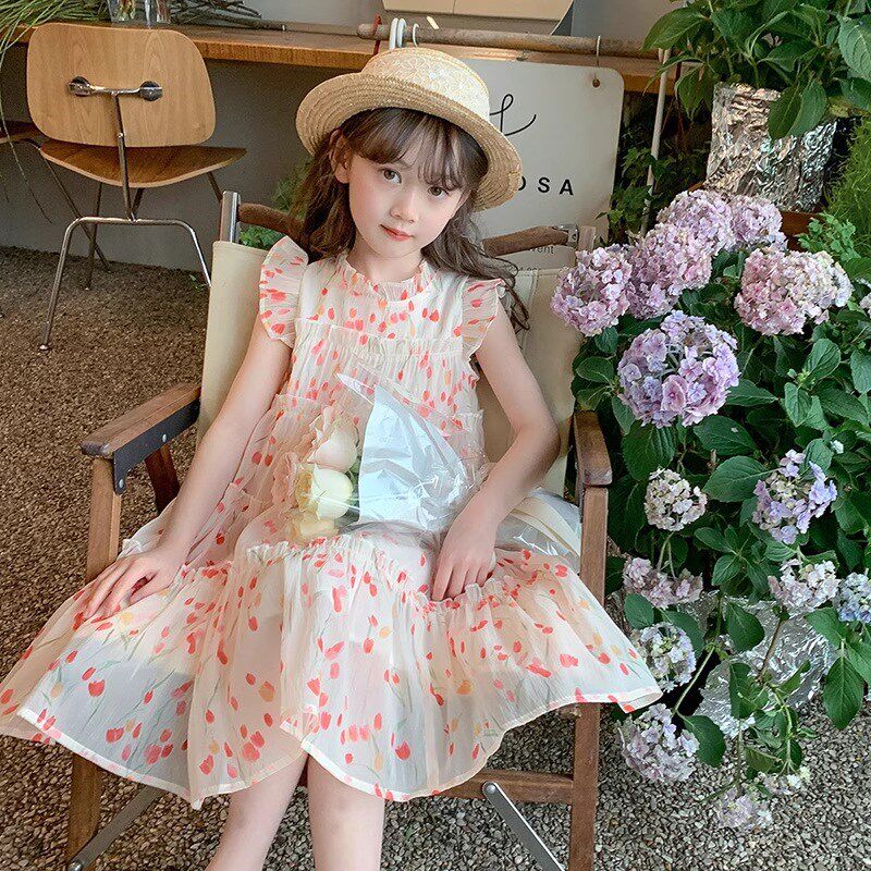 女童连衣裙夏装网纱裙子2024新款夏季小女孩海边碎花裙儿童公主裙