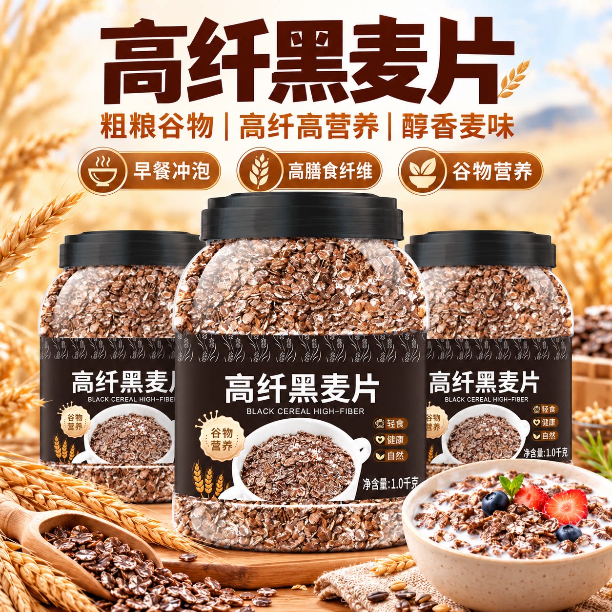 高纤黑麦片早餐冲饮免煮即食燕麦低脂健身代餐原味麦片官方旗舰店