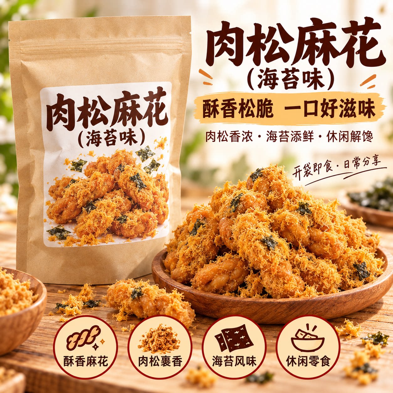 肉松海苔麻花官方正品旗舰店办公室休闲小零食下午茶糕点肉松裹满